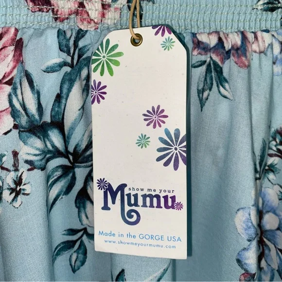 Show Me Your Mumu NWT Casita Mini Dress Wildflower Breeze Off Shoulder M Blue - Picture 11 of 14
